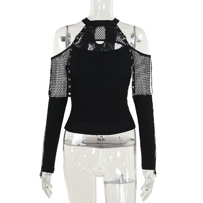 Off shoulder long sleeve fishnet patchwork buckle top