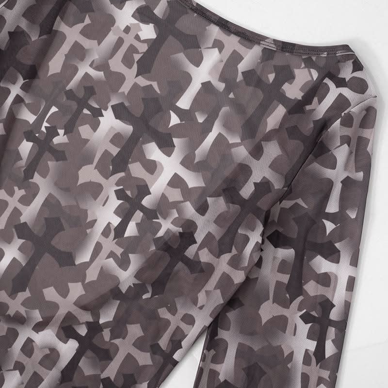 Long sleeve cross print sheer mesh backless maxi dress