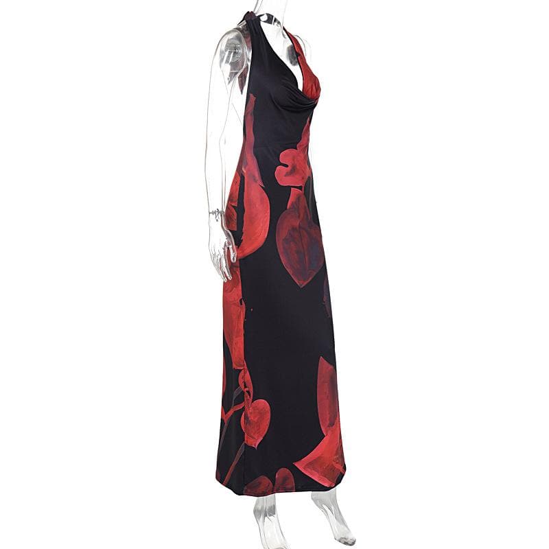 Halter cowl neck backless print maxi dress