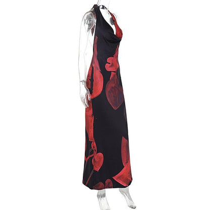 Halter cowl neck backless print maxi dress
