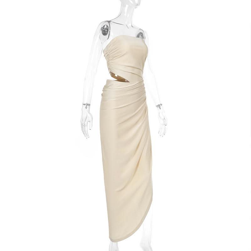 Ruched irregular hollow out solid tube cut out maxi dress