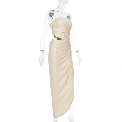 Ruched irregular hollow out solid tube cut out maxi dress