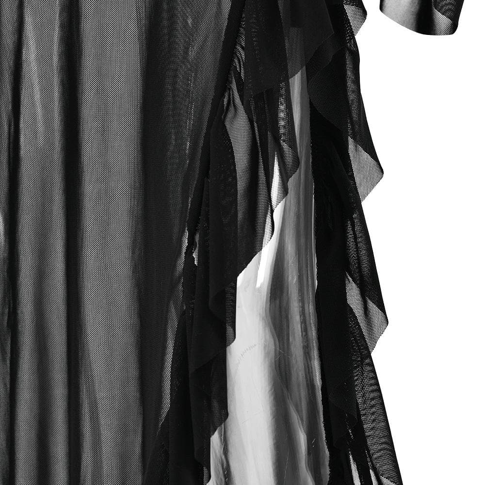 Long flared sleeve sheer mesh ruffle slit maxi dress
