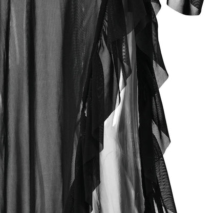 Long flared sleeve sheer mesh ruffle slit maxi dress