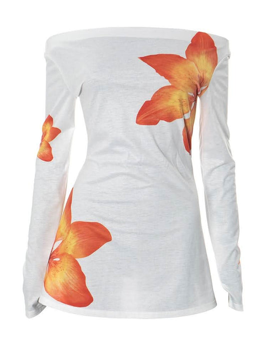 Long sleeve gloves flower print mesh off shoulder top