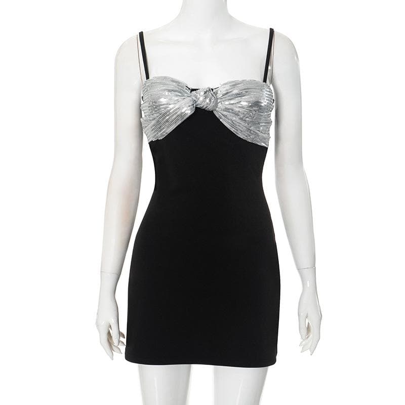 Knotted glitter patchwork backless cami mini dress