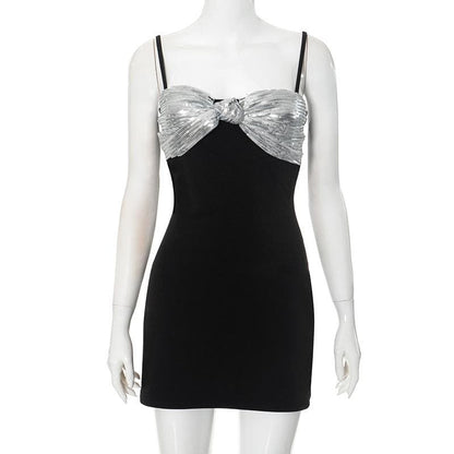Knotted glitter patchwork backless cami mini dress