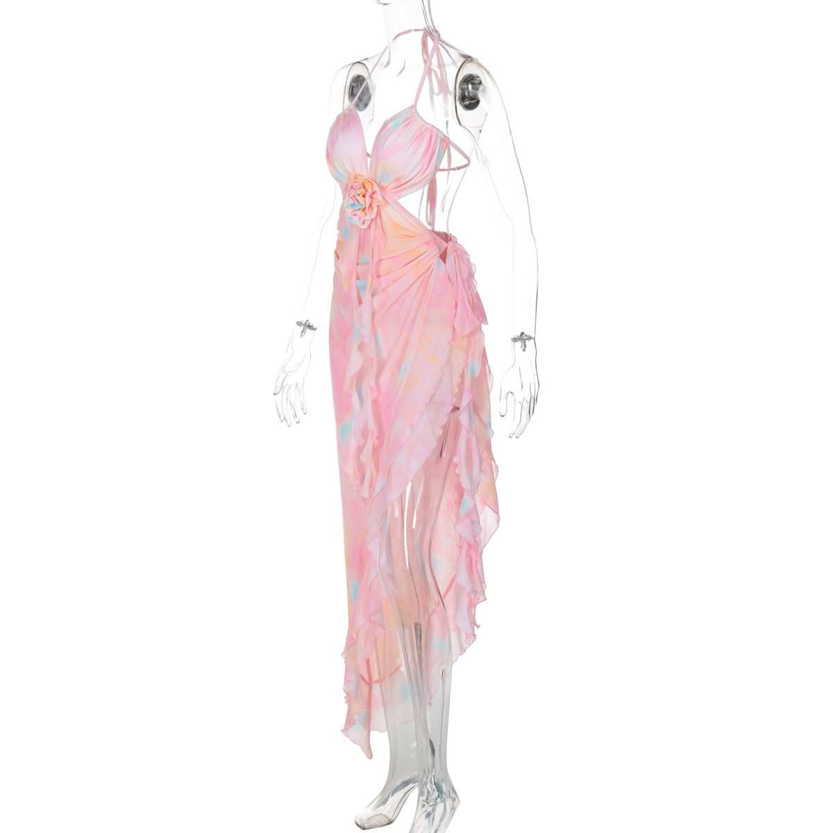 Halter flower applique ruffle backless slit maxi dress