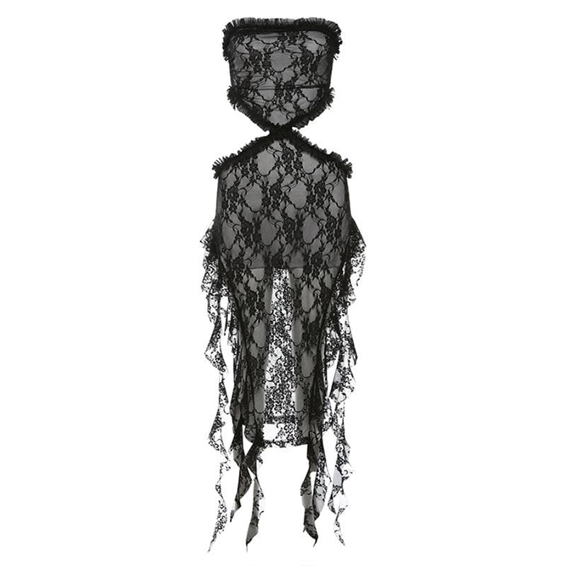 Lace ruffle solid slit hollow out backless tube cut out midi dress