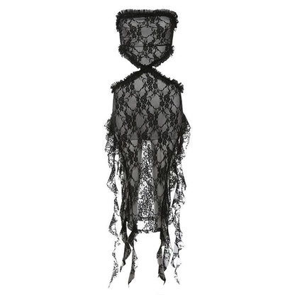 Lace ruffle solid slit hollow out backless tube cut out midi dress