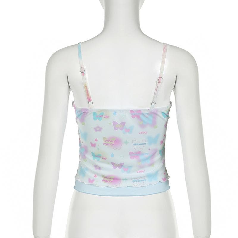 Bowknot butterfly print mesh ruffle cami top