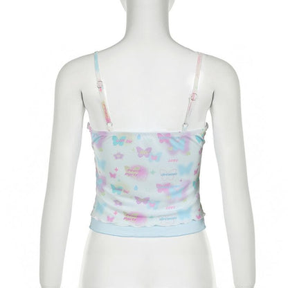 Bowknot butterfly print mesh ruffle cami top