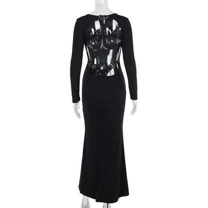 Long sleeve hollow out buckle crewneck cut out maxi dress