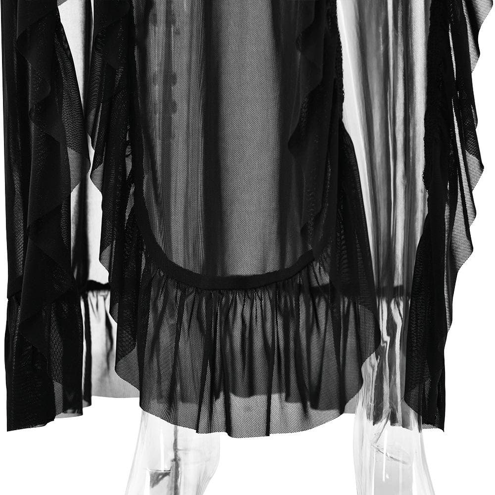 Long flared sleeve sheer mesh ruffle slit maxi dress
