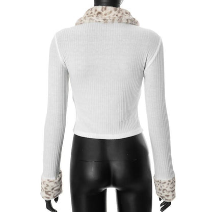 Zip-up long sleeve turnover collar leopard fluffy top