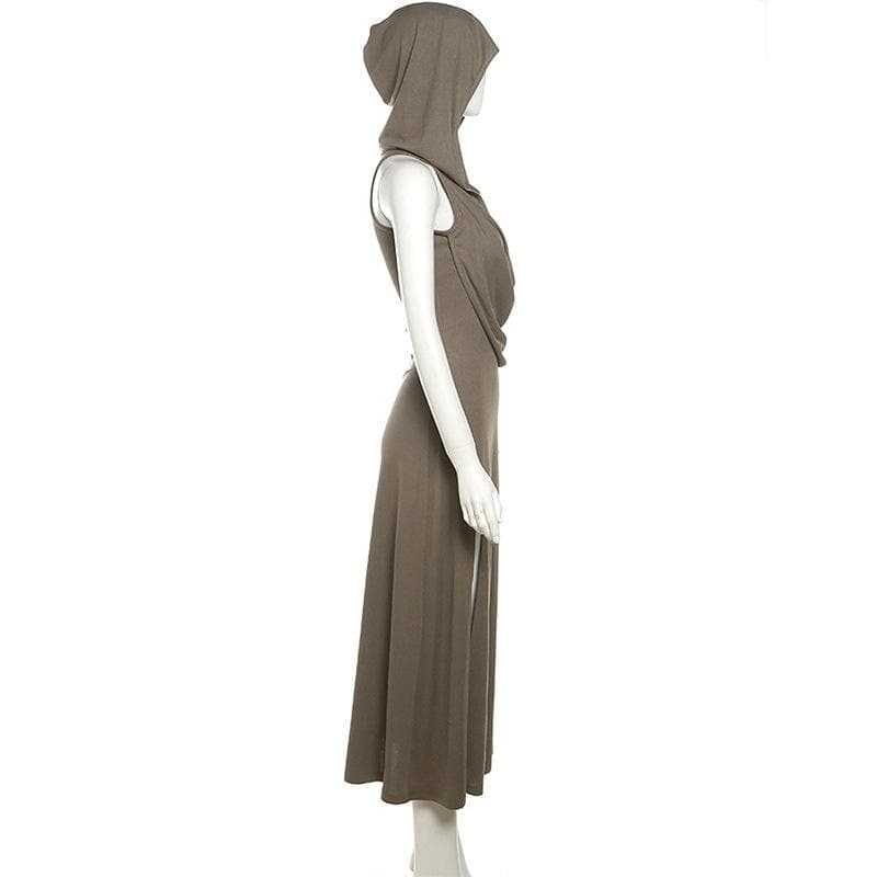 Hooded Ruched Diagonal Drape Detached Sleeve Slit Maxi Dress