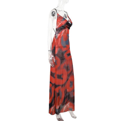 Cowl neck sheer mesh print spaghetti strap maxi dress