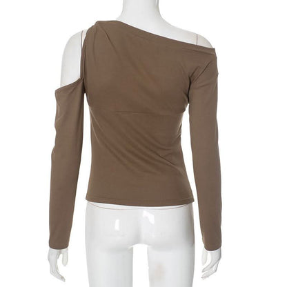 Hollow out long sleeve ruched one shoulder knotted cut out top