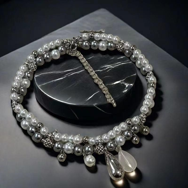 Layered faux pearl pendant choker necklace