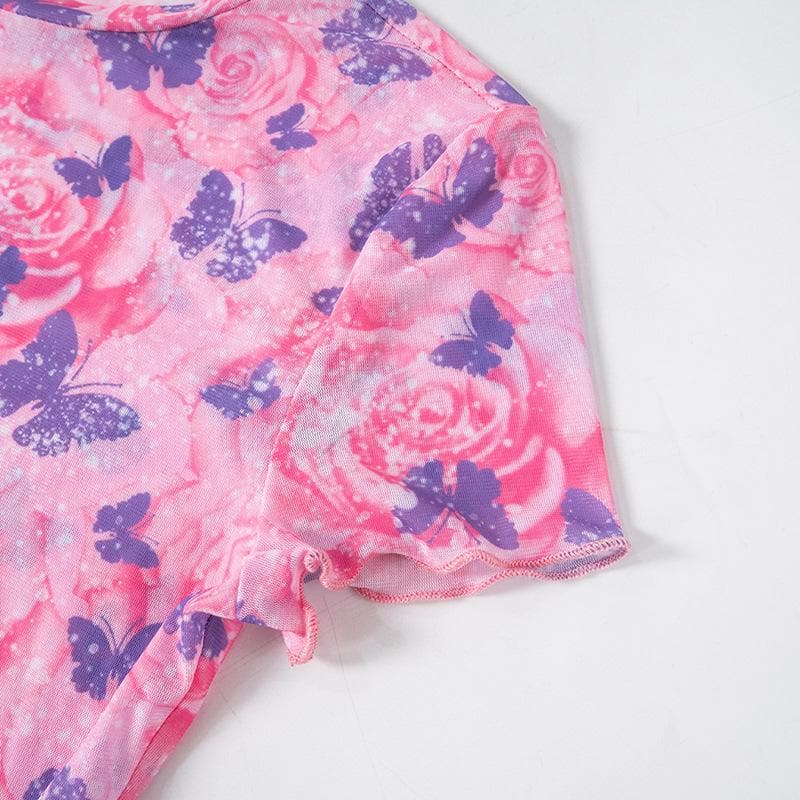 Short sleeve butterfly print sheer mesh crewneck ruffle top