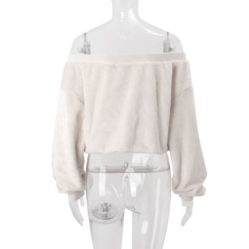Off shoulder long sleeve fluffy self tie top
