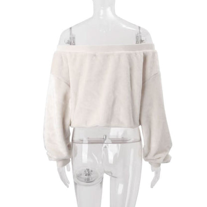 Off shoulder long sleeve fluffy self tie top