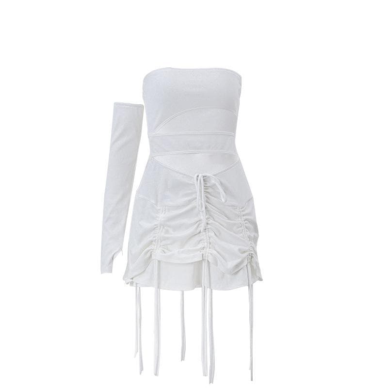 Solid irregular gloves off shoulder drawstring hollow out cut out mini dress
