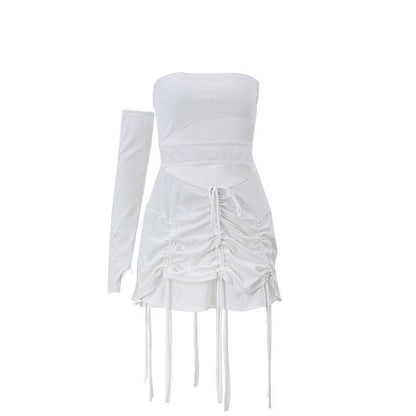 Solid irregular gloves off shoulder drawstring hollow out cut out mini dress