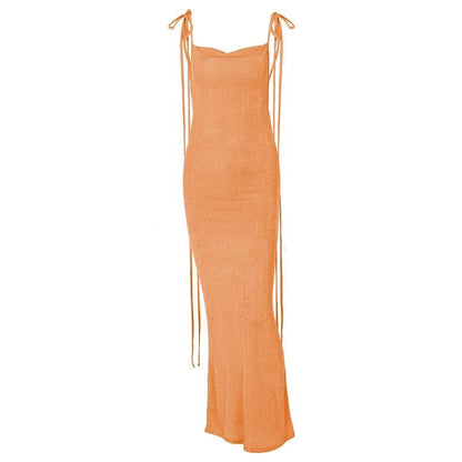 Cowl neck backless self tie solid ruched maxi dress