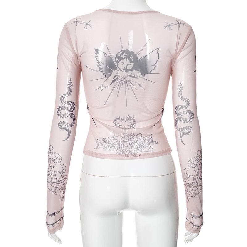 Long sleeve angel print sheer mesh crewneck top