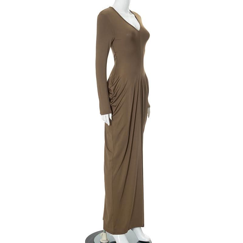 V neck long sleeve cowl neck solid maxi dress
