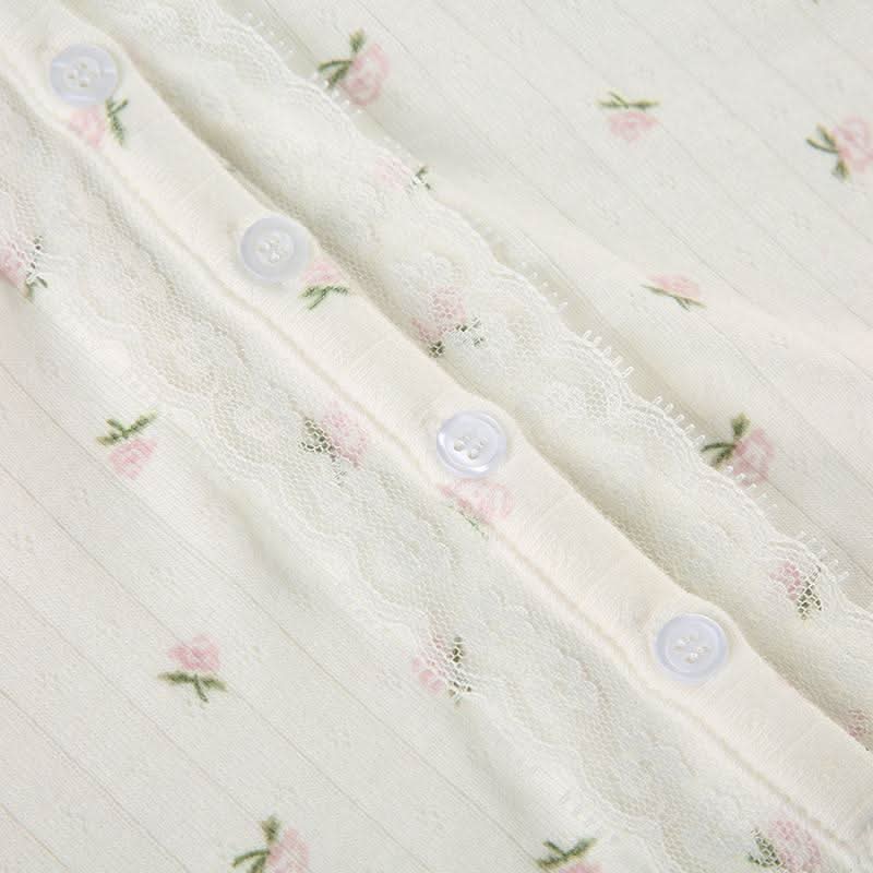 Long sleeve textured flower print button lace hem top