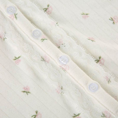 Long sleeve textured flower print button lace hem top