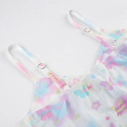 Bowknot butterfly print mesh ruffle cami top-final-sale