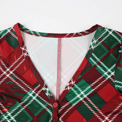 V neck long sleeve plaid button romper