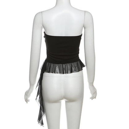 Ribbed “BEYWAD” print patchwork ruffle tube top