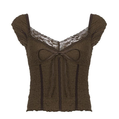 Textured cap sleeve lace hem solid backless top