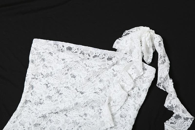 Lace see through one shoulder ruffle knotted ruched mini dress