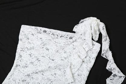 Lace see through one shoulder ruffle knotted ruched mini dress