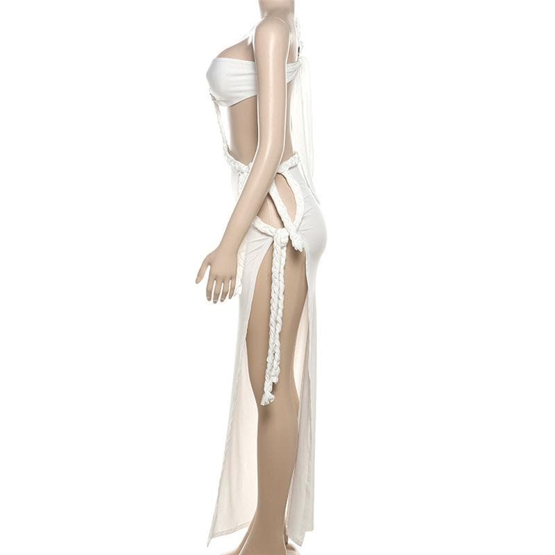 Irregular one shoulder high slit o ring self tie maxi dress