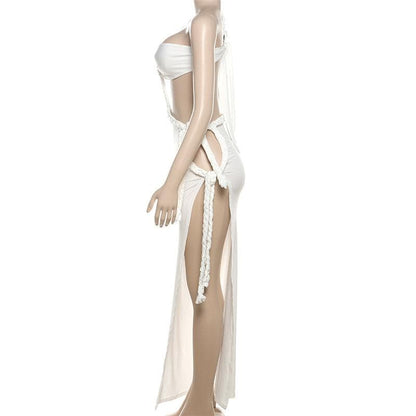 Irregular one shoulder high slit o ring self tie maxi dress