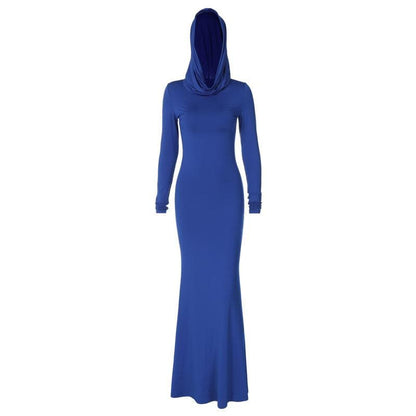 Hooded Cowl Neck Long Sleeve Bodycon Floor-Length Maxi Dress