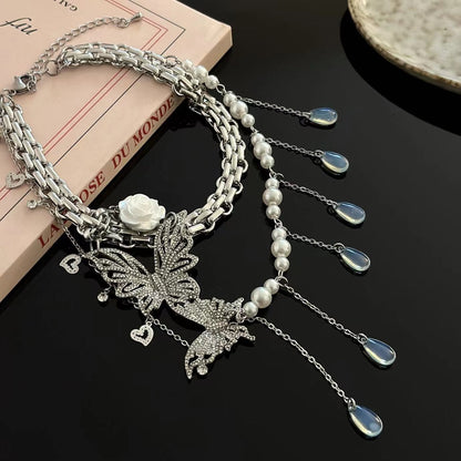 Butterfly rose faux pearl pendant layered choker necklace