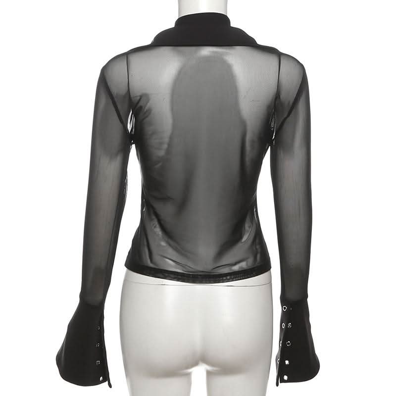Turnover collar long sleeve mesh self tie top