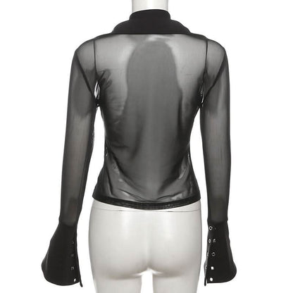 Turnover collar long sleeve mesh self tie top