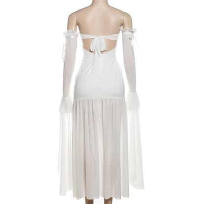 Long flared sleeve off shoulder rose applique maxi dress-final-sale