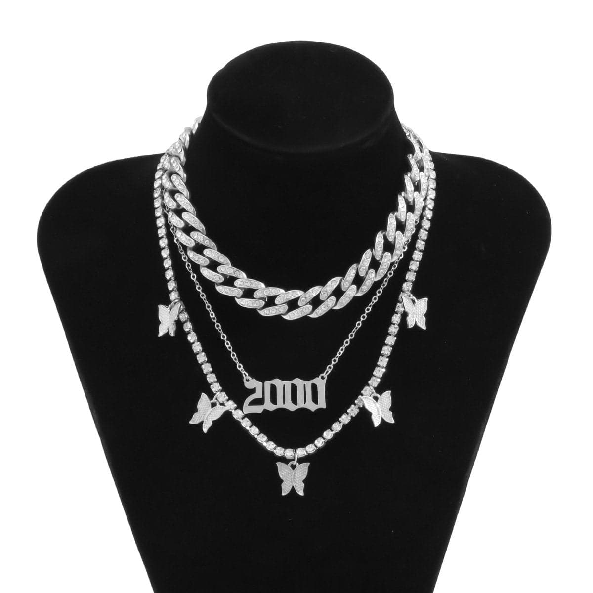 Layered butterfly decor rhinestone necklace
