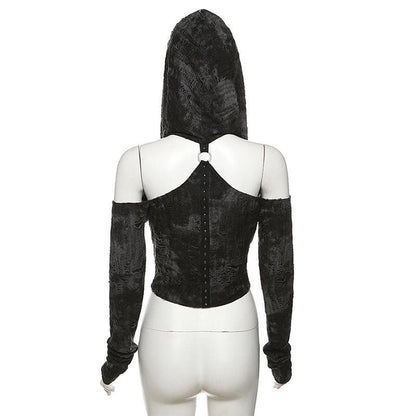 Long sleeve hoodie off shoulder buckle crop top