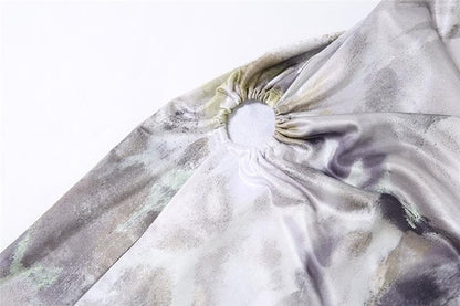 Cowl neck cross back o ring high slit print maxi dress