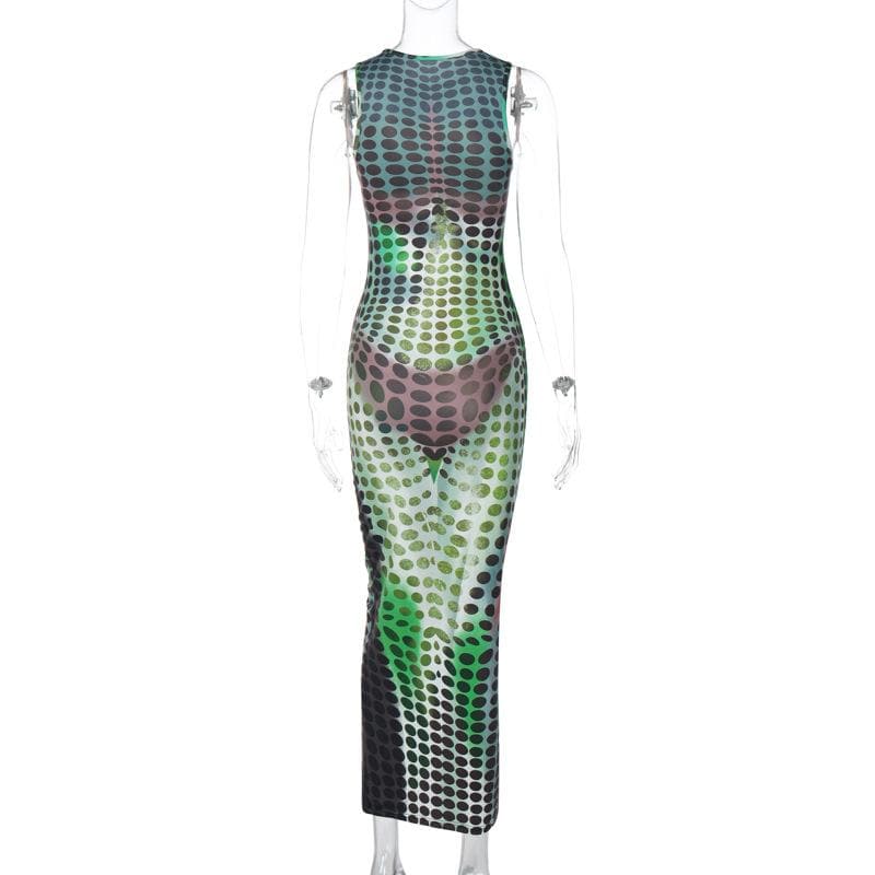 Crewneck Trompe Loeil Body Print Contrast Sleeveless Maxi Dress